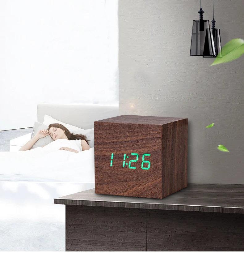 

Multicolor Sounds Control Wooden Clock New Modern Wood Digital LED Desk Alarm Clock Thermometer Timer Calendar Table Decor