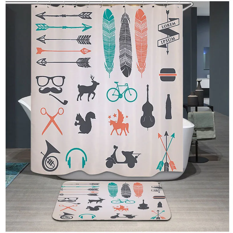 

Waterproof shower curtain feather printed bathroom decorative 3d shower bath Home Bathroom with Hooks YL-21