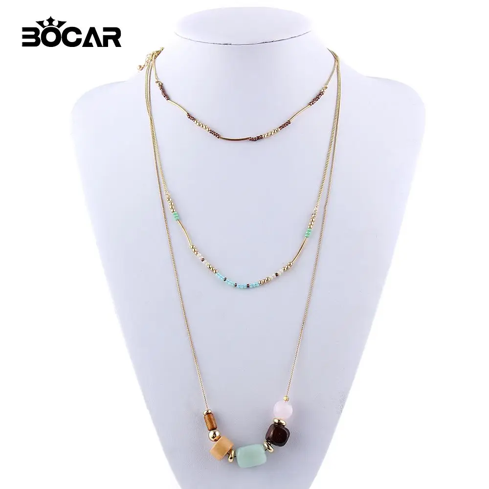 2016 Three Layer Bohemian Long String Chain Necklace Wood Resin Acrylic