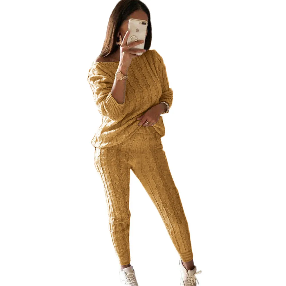  New Autumn Lady Tracksuit Two Piece Set Women Top and Pants Knitted Suit O Neck Knit Set Women Outw