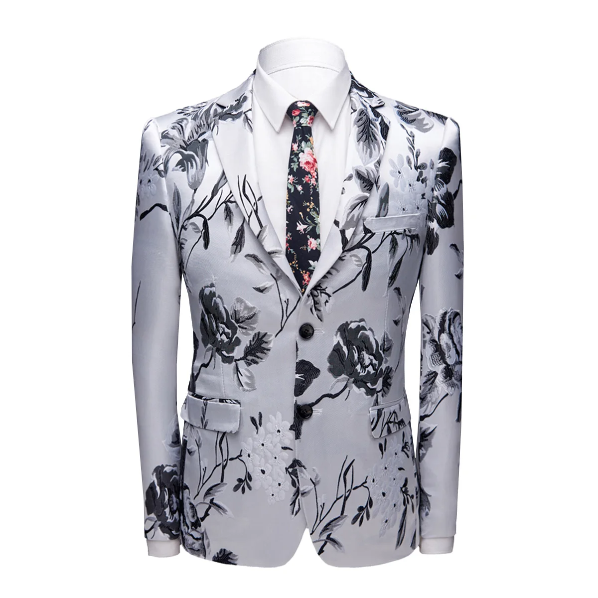 

Men Flower cloth Coat Mens Casual Blazers Homme Designs Slim Fit Fashion Rose Pattern Suit Jacket DJ Singers Costume