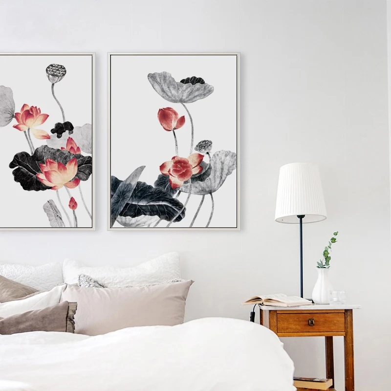 

07G Nordic Chinese Lotus A4 A3 Canvas Art Painting Print Poster Picture Wall Bedroom Living Room Style House Decoration Murals