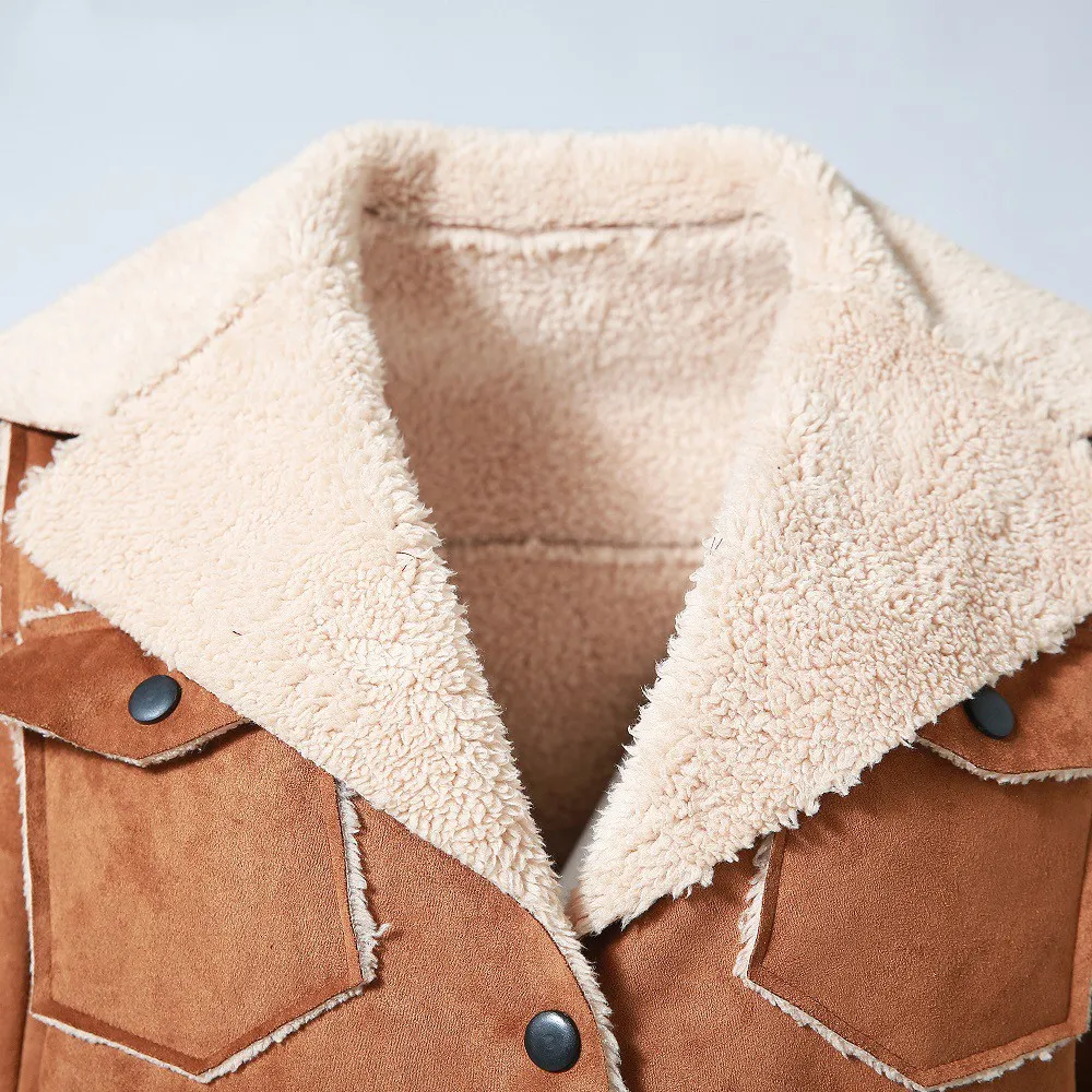 Autumn Winter Women Suede Jackets 2018 Long Sleeve Safari Pocket Faux Leather Patchwork Lambswool Female Warm Coat 4XL Zevrez