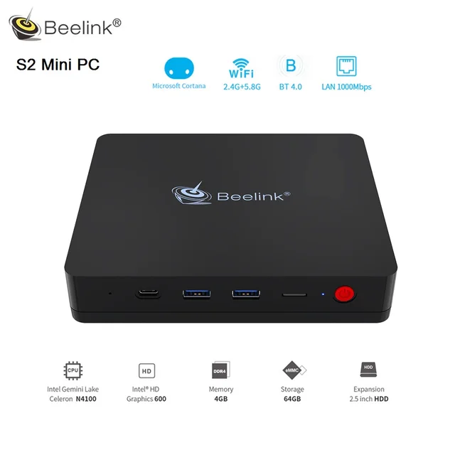 Beelink S2 Mini PC 4 gb DDR4 RAM 64 gb/128GM ROM Intel Gemini Lac N4100 avec Microphone Cortana &eacute;tendu HDD SSD BT4.0