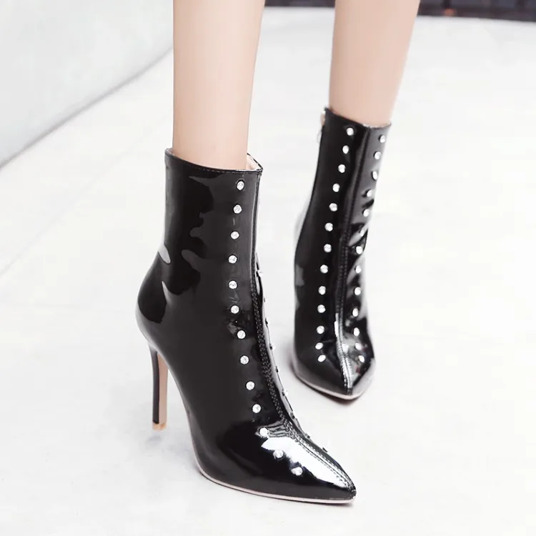 

Big Size 11 12 13 14 15 16 Ma'am Fine heel Short boots Pure color Water drill boot barre High heel boots