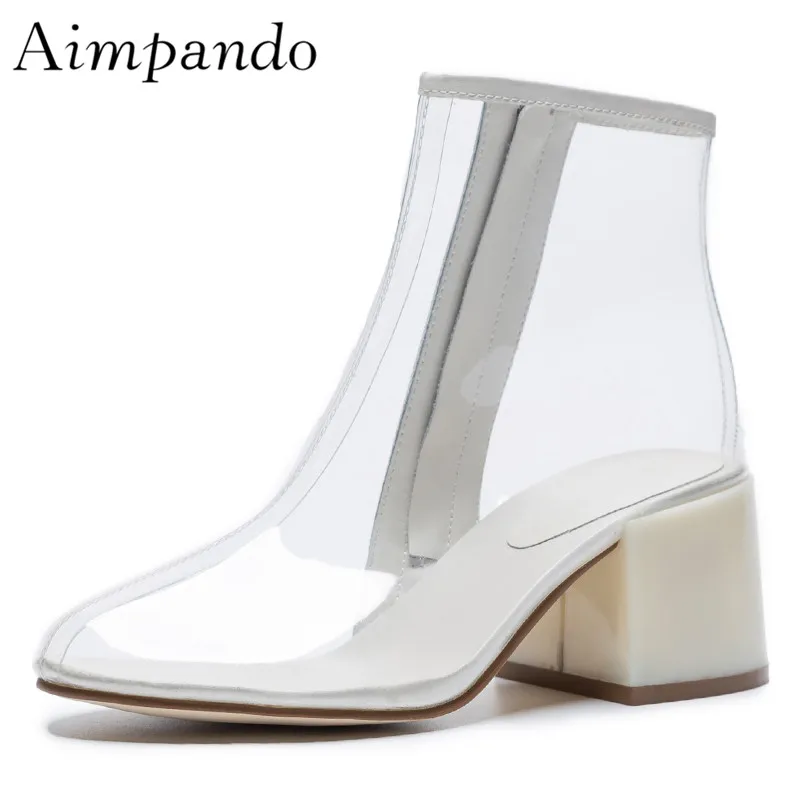 

PVC Transparent Boots Women New 2018 European Style Chunky Heel With Colorful Sock Decor Runway Booties