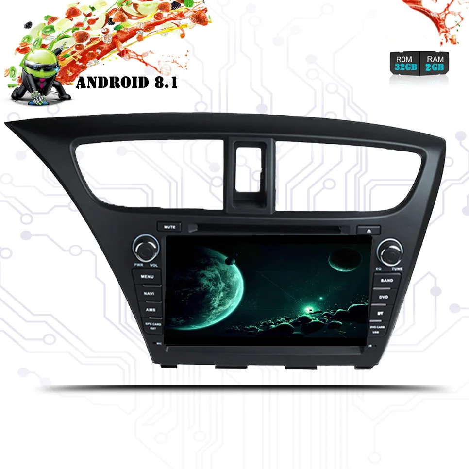 Best 32GB Android 8.1 Car DVD Stereo 1 Din Auto Radio For Civic Hatchback 2013 2014 2015 GPS Navigation Audio Multimedia Head Unit 2