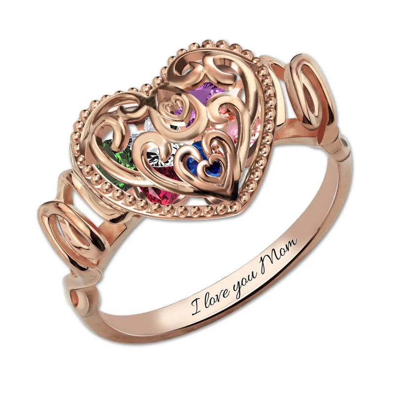 Wholesale Personalized Unique MOM Heart Cage Birthstones Ring Rose Gold Color Women Ring Jewelry
