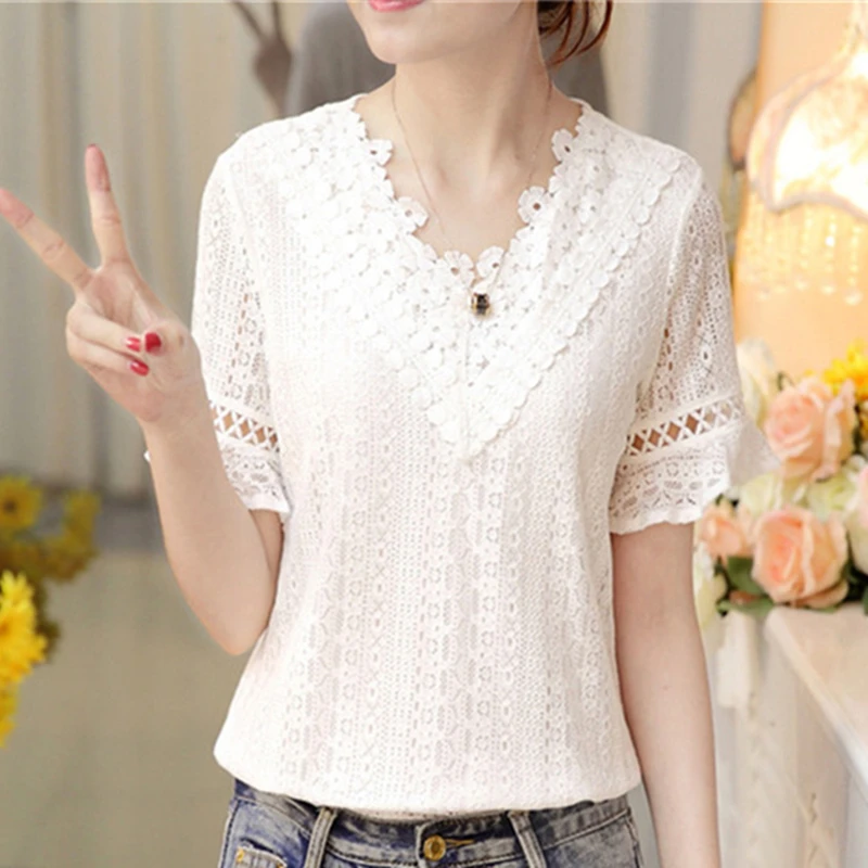 Summer White Lace Blouse Women Shirt Short Sleeve Chiffon Blouses V Neck Patchwork Hollow Out