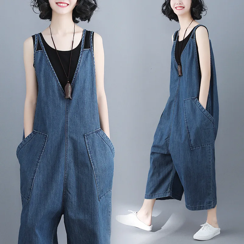 

Summer Dress New Women's Loose Large Size Jeans with Broad-legged Trousers and Belts plus size women jeans Jumpsuit Cotton