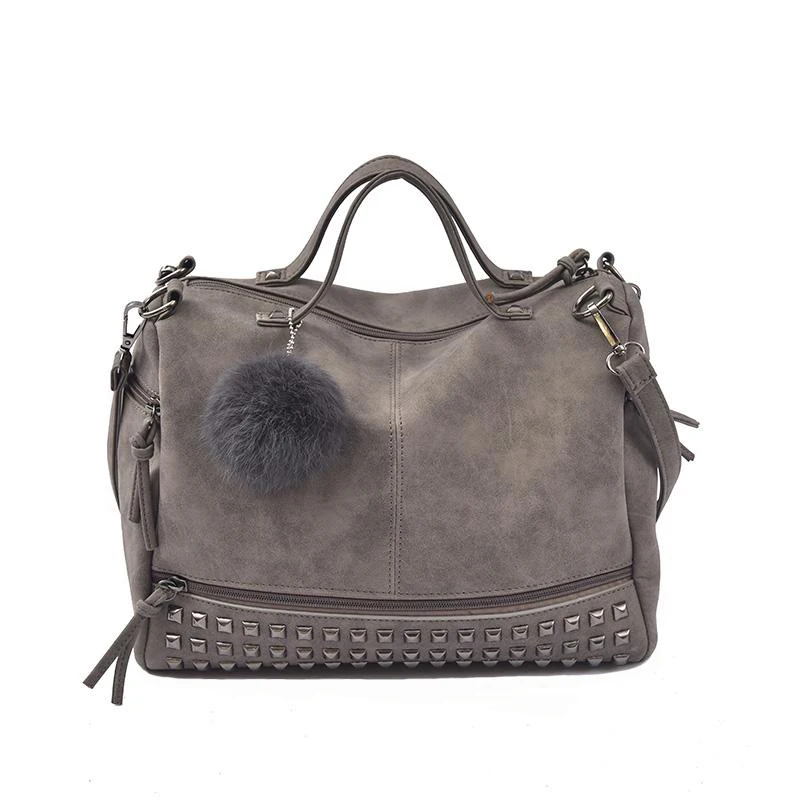 Women Shoulder Bag PU Leather Vintage Female Top-handle Bags Rivet Design Large Ladies Pompon Handbags Girls Bags Bolsa SS0344 (9)