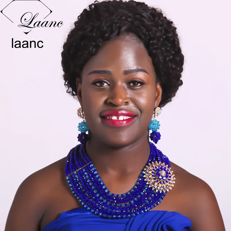 

Laanc Opaque Royal Blue mixed Lake Blue African Beads Jewelry Set Crystal Nigerian Wedding Party Necklace AL563