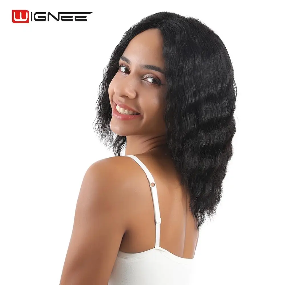 Wignee короткий глубокая волна человеческих волос парик для черных женщин бразильские волосы remy парик Средний часть высокой плотности ручной