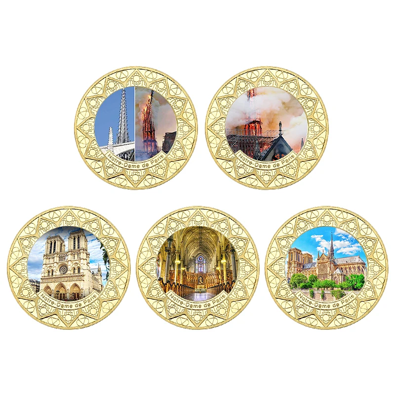 WR Франция Нотр-Дам де Пари огонь коллекционные монеты набор позолоченный вызов монеты сувенирные медали подарки дропшиппинг - Цвет: 5pcs coins