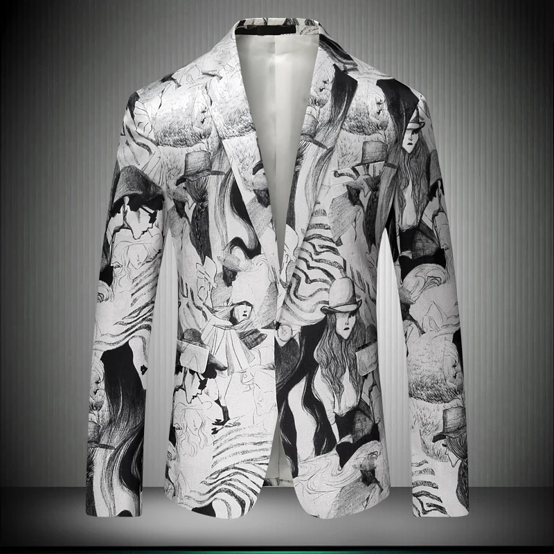

2019 New Arrival Japan Style Mens Blazer Character Pattern Suit Jacket Slim Fit Male Blazers Men Coat Autumn Outerwear 8662