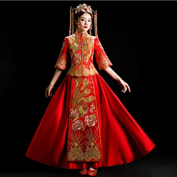 

Rhinestone Chinese Bride Slim Cheongsam Asian Women Vintage Wedding Party Dress Big Size S-3XL Traditional Marriage Qipao