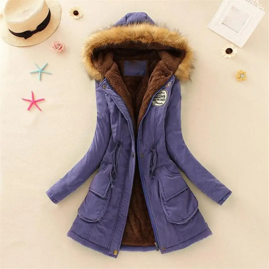 Purple Winter England Style Fur Collar Hooded Jacket Slim Winter Parka