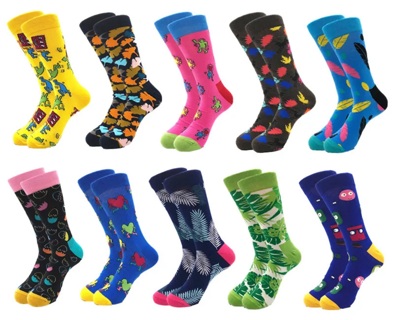 10 пар/лот Веселые носки для мужчин бренд качество чесаный хлопок красочные Забавный мультфильм носки модные длинные Мужской сжатия