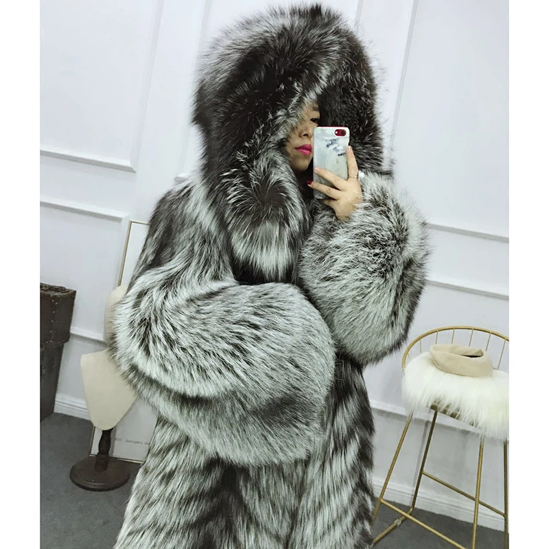 FURSARCAR из целых шкурок русский меха черно бурой лисицы пальто для женщин супер