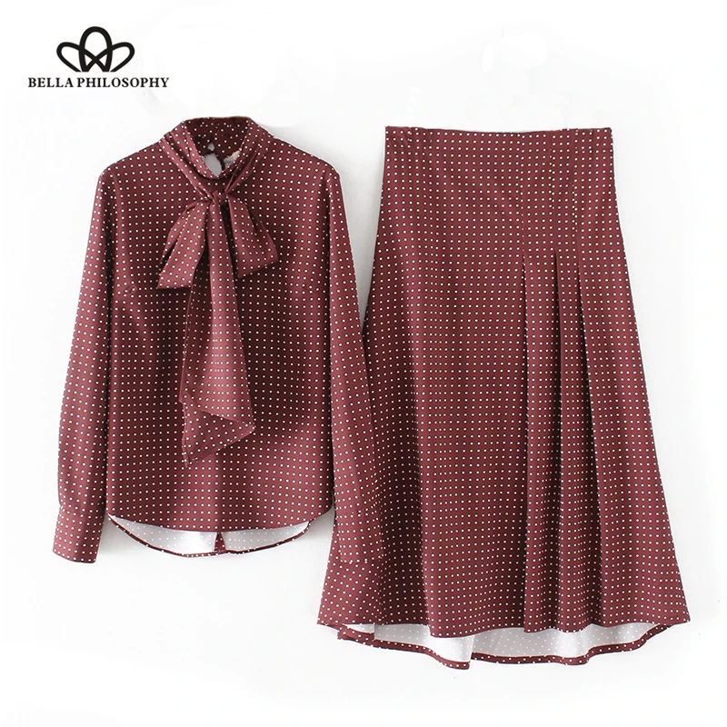 

Bella Philosophy 2018 winter women casual blouse set wine red bow polka dot shirt set O Neck long sleeve sweet fashion blouse