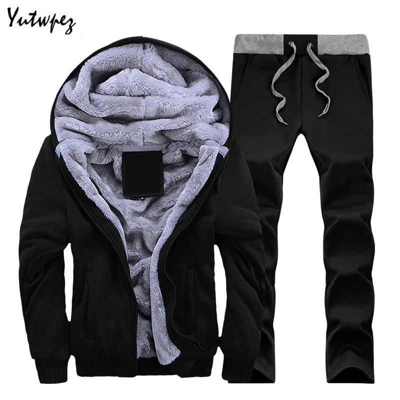 

2019 Warm Tracksuit Men Sets Hooded Winter Thick Inner Fleece Men's Sets Hat Casual Zipper Solid Man Outwear 2PC Jacket+Pants