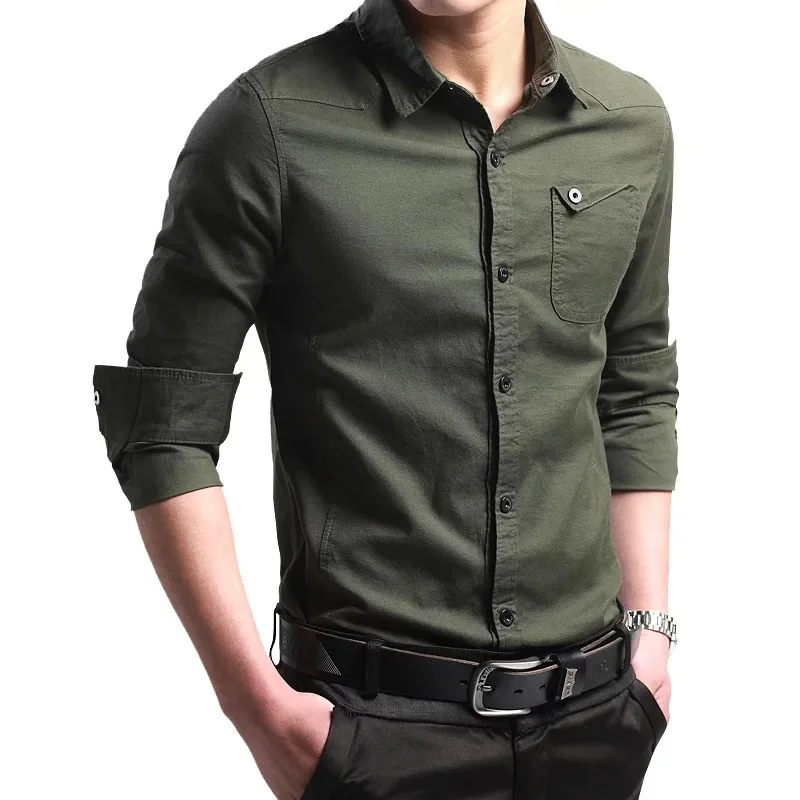 Camisas de estilo militar para hombre, camisa de manga larga verde militar para hombre, ropa de marca masculina, Camisa de algodón para hombre, Camisas de talla grande 4XL|men long sleeve shirt|cotton