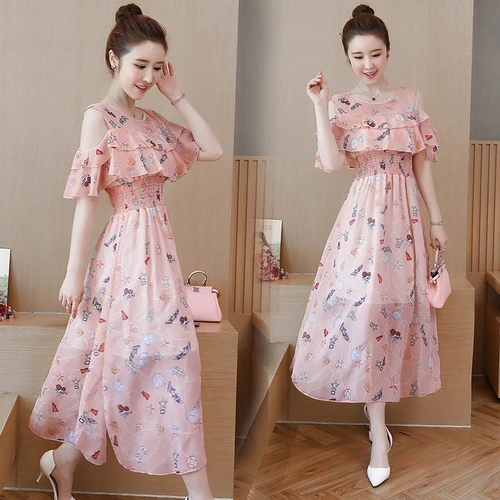 Fashion 2019 Print Sexy Chic Chiffon Loose Dresses Off Shoulder Elegant Vestidos Plus Size Korean Summer Dress | Женская одежда
