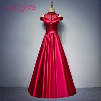 

AXJFU Princess high neck beading crystal wine red satin evening dress luxury vintage a line lace up wine red evening dress
