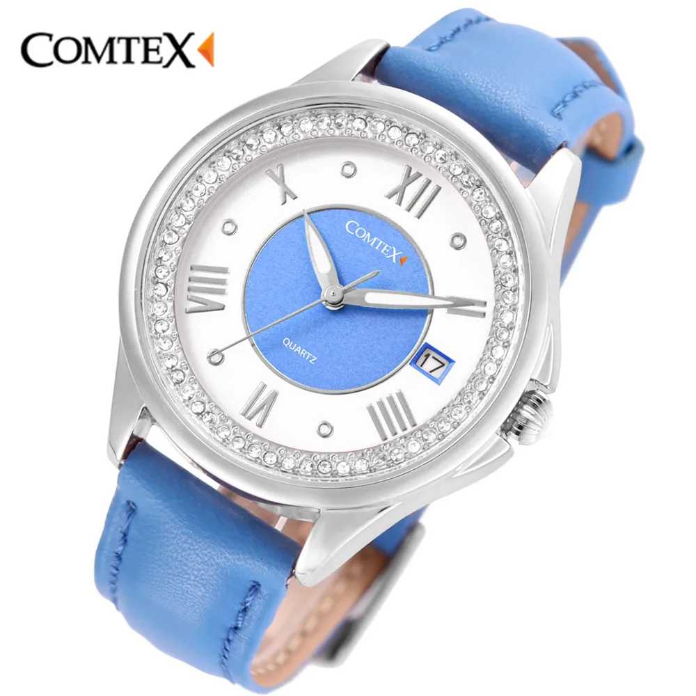 COMTEX watch women Leather Strap Casual Stainless Steel Case friend Blue White Date Analog quartz wristwatch