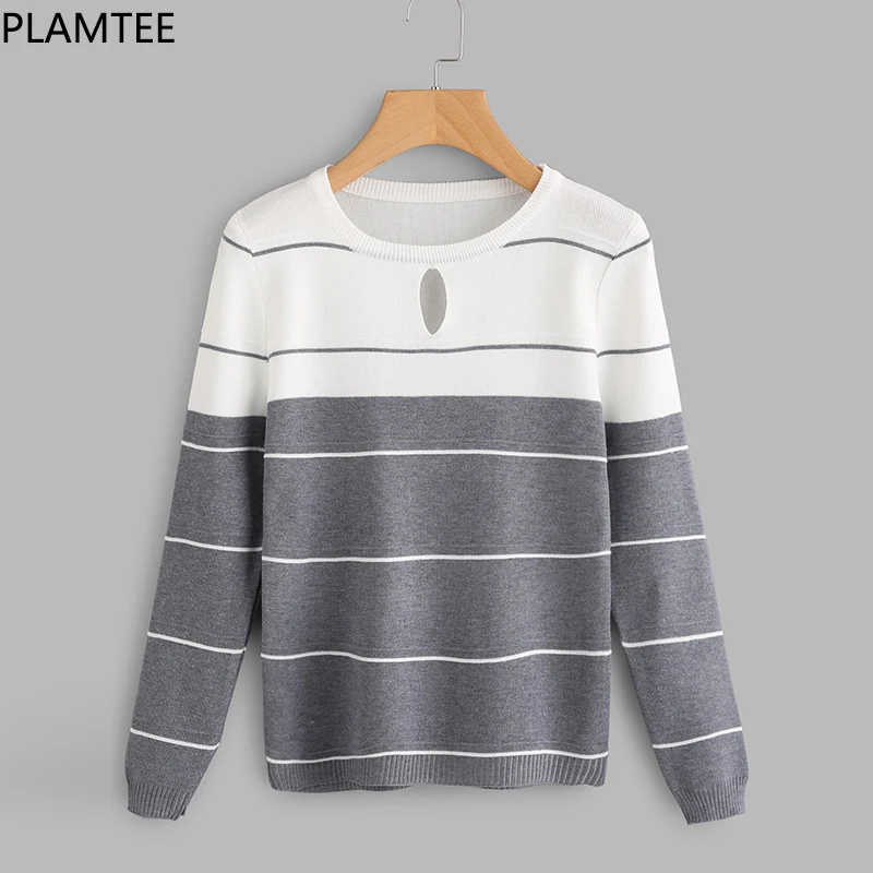 PLAMTEE Fashion Autumn Winter Striped Knitted Sweater 2017 New Holes O-Neck Long Sleeves Sweaters For Women Cotton Pullovers | Женская