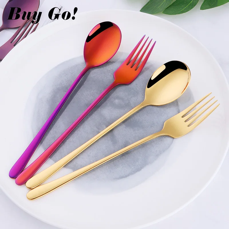 2PC Korean 18/10 Stainless Steel Soup Spoon and Fork Set Gold Dinner