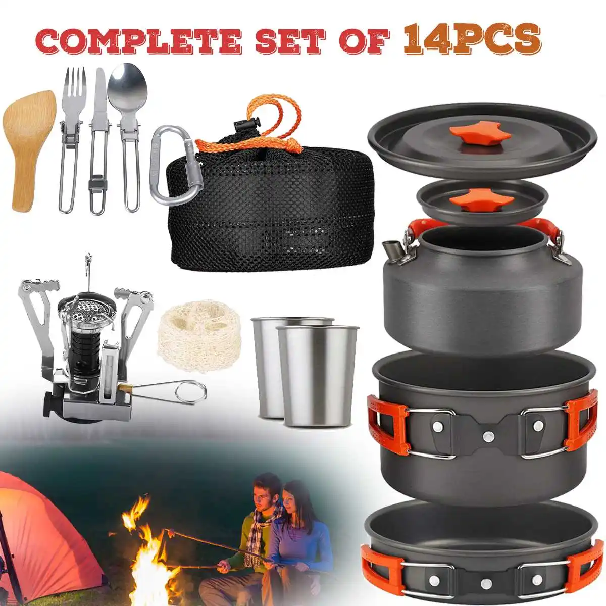 

Portable Outdoor Camping Cookware Set PUtensils 2-3 Persons Bowl Pot Spoon tableware Cooking Travel Picnic 15pcs/ Set