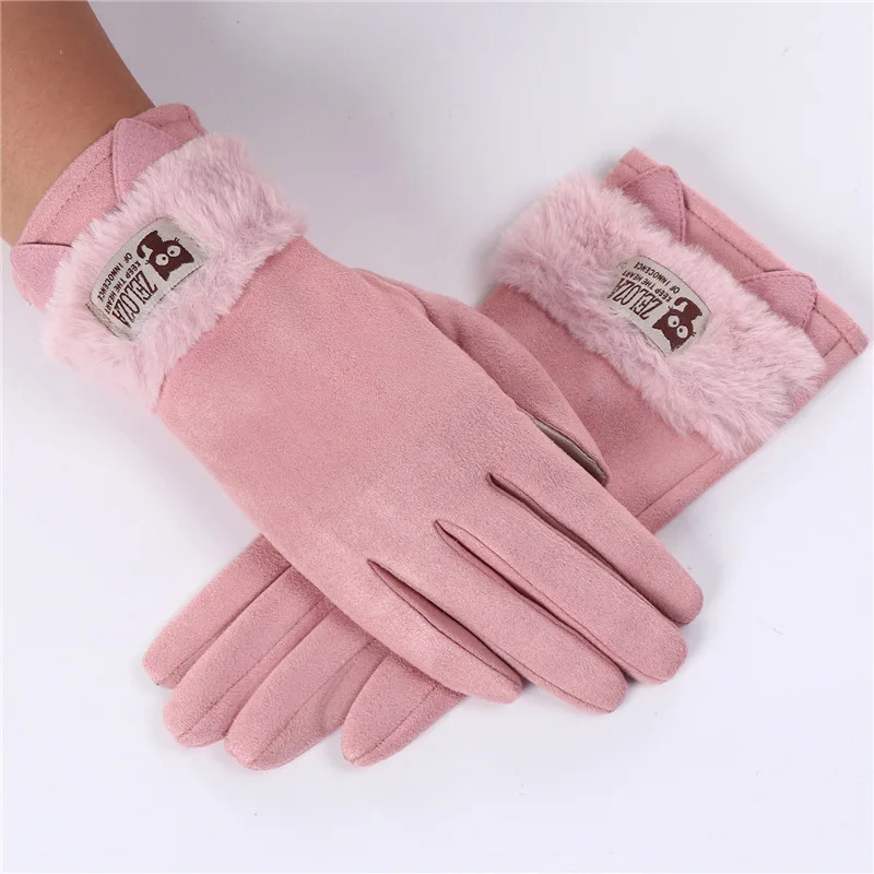 Touch screen gloves ladies winter warm suede leather mittens lovely rabbit cat ears plus velvet thickening driving gloves D33