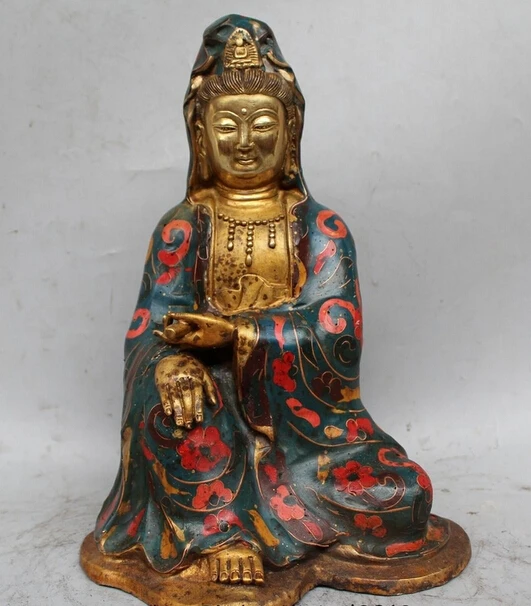 

xd 002853 11" Chinese Buddhism Cloisonne Bronze Gild Kwan-yin Guan Yin Goddess Vase Statue