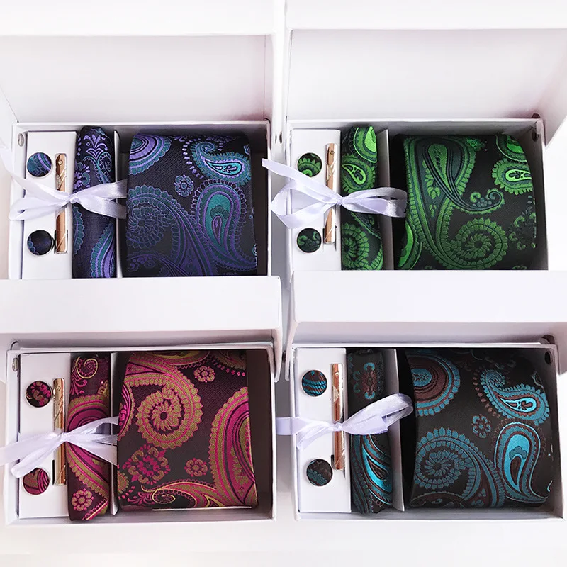 

6pcs/sets New Design Tie Set with Gift Box Jacquard Woven Gravata Silk Tie Hanky Cufflinks Necktie Sets for Wedding Party Men