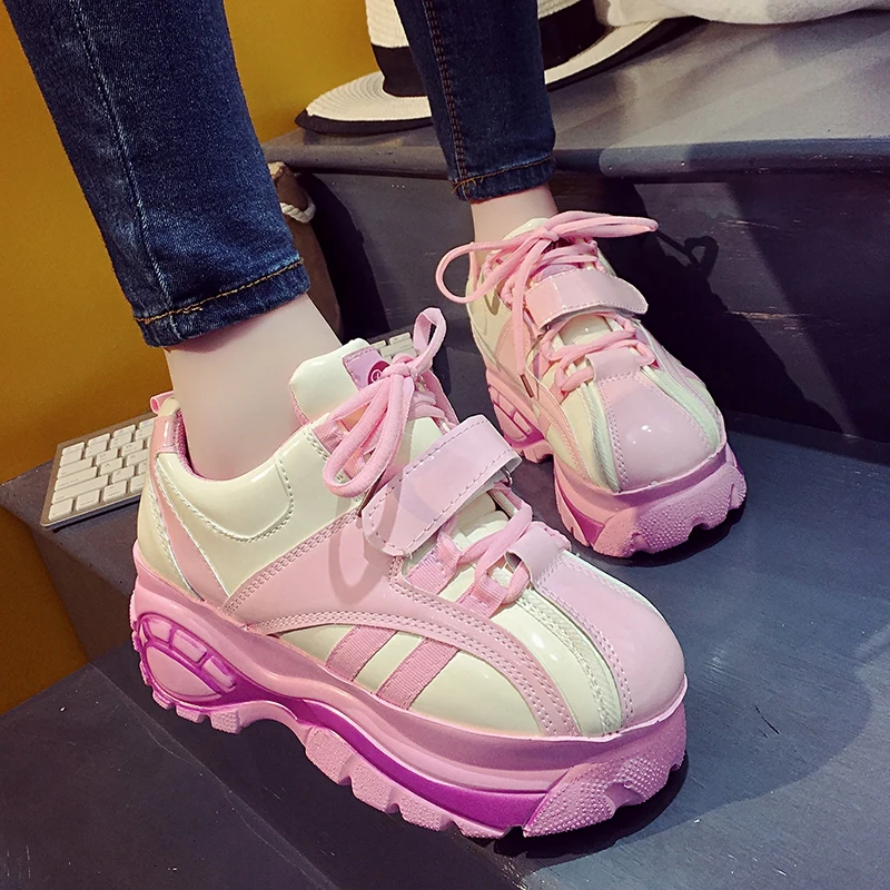 

Womens Korean Mixed Colors Shoes Lace Up High Heel Platform Sneakers Girls Preppy Black Pink Casual A615