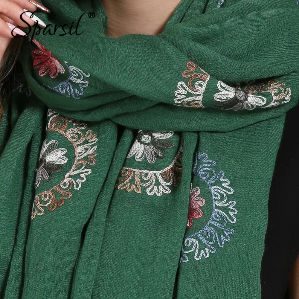 Sparsil женский хлопковый льняной шарф с принтом, цветочные вышитые шали, лето-осень, тонкая мягкая обертка 180x90, пашмины женские шарфы