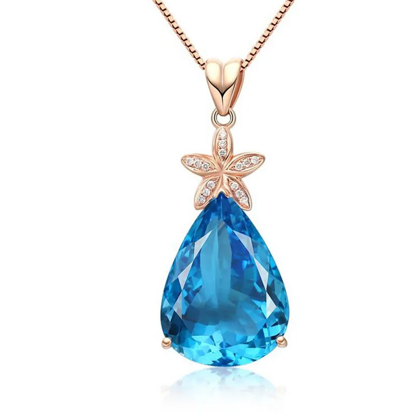 

Fashion Luxury Blue Crystal Zircon Water Drop Flower Pendant Necklace For Women Mother Rose Gold Color Party Gift Jewelry ND378