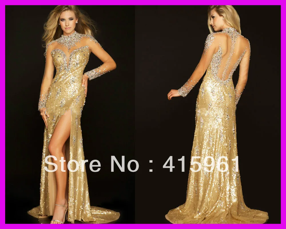 

2014 New Arrival Gold Crystal Sequins Long Sleeve Formal Pageant Prom Evening Dresses E4321