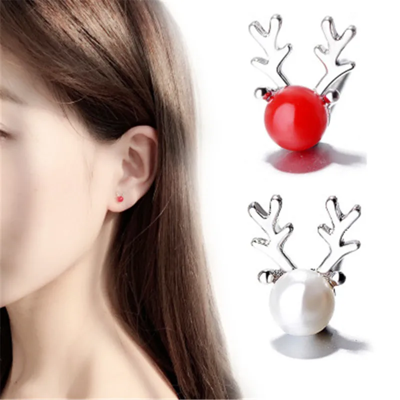 

Korean Small Elk Simulated Pearl Earrings Female Fashion Korean Style Simple Stud Earrings Animal Antlers Jewelry Christmas Gift
