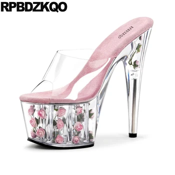 

glass slippers pumps flower plus size sandals nice women shoes clear strap heels big perspex stiletto slides platform high pink