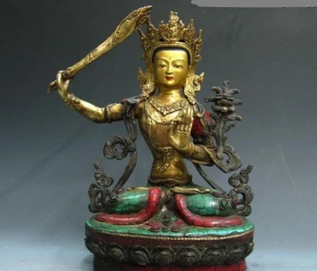 

004665 Tibet Pure Copper Bronze 24K Gild turquoise coral Manjusri GuanYin Buddha Statue