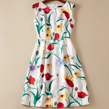 

New Arrival Women Flower Print Dress Elegant O-Neck Sleeveless A-Line Dresses