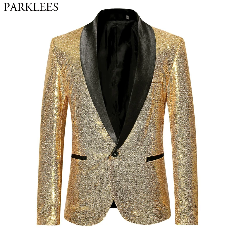 

Shiny Gold Sequin Bling Glitter Suits&Blazer Men 2019 New Shawl Collar Club DJ Mens Blazer Jacket Stage Clothers for Singers Xxl