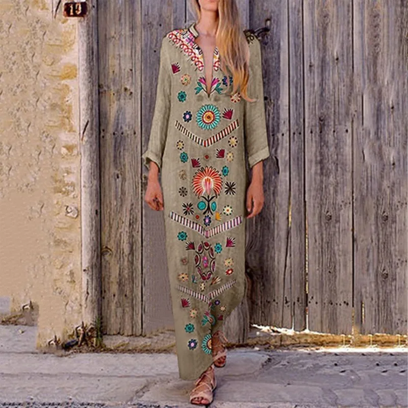 

LASPERAL 2019 New Vintage Dress Women Ethnic Loose Long Sleeve Tunic Top Beach Smock Maxi Dress Plus Size Floral Print Vestidos