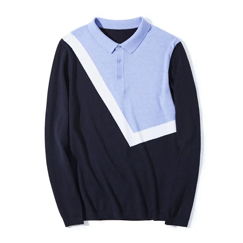 2019 New Golf Polo Men Long Sleeve Patchwork Pattern High Quality Cotton Knit Polo Sweater Male Luxury Smart Casual Plus Size 09