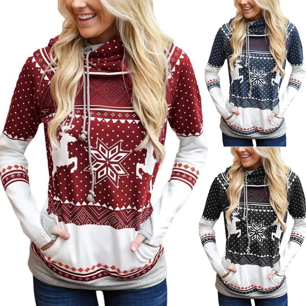 

feitong Hoodies Women New Winter Christmas Women Dots Elk Snowflake Print Tops Hooded Sweatshirt Pullover Blouse Plus Size XXL