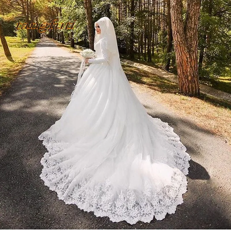 

Muslim Long Sleeve Wedding Dresses Vestido De Noiva Robe De Mariage Arabic Luxury Beautiful Long Trail Bridal Dress Wedding Gown