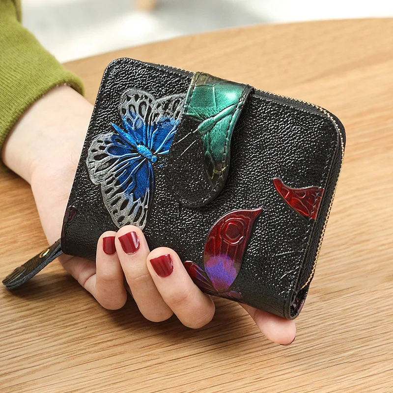 

Short Purse for Women Genuine Leather Brushwork Coin Wallet Small Money Bags Smart Floral Mini Wallet