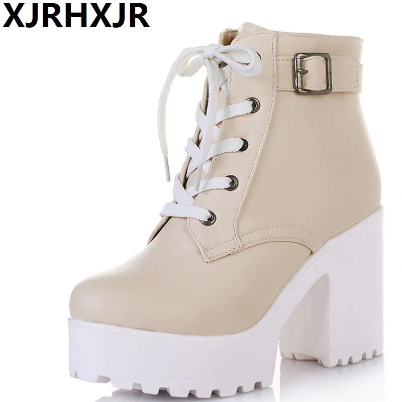 

Spring Autumn Women Big Yards 34-43 Thick Platform Fashion Boots England Style Lace Up High Heeled Boots Short Boots